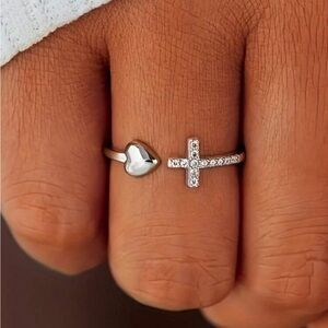 Silver Cubic Zirconia Cross and Heart Ring, Cross Ring